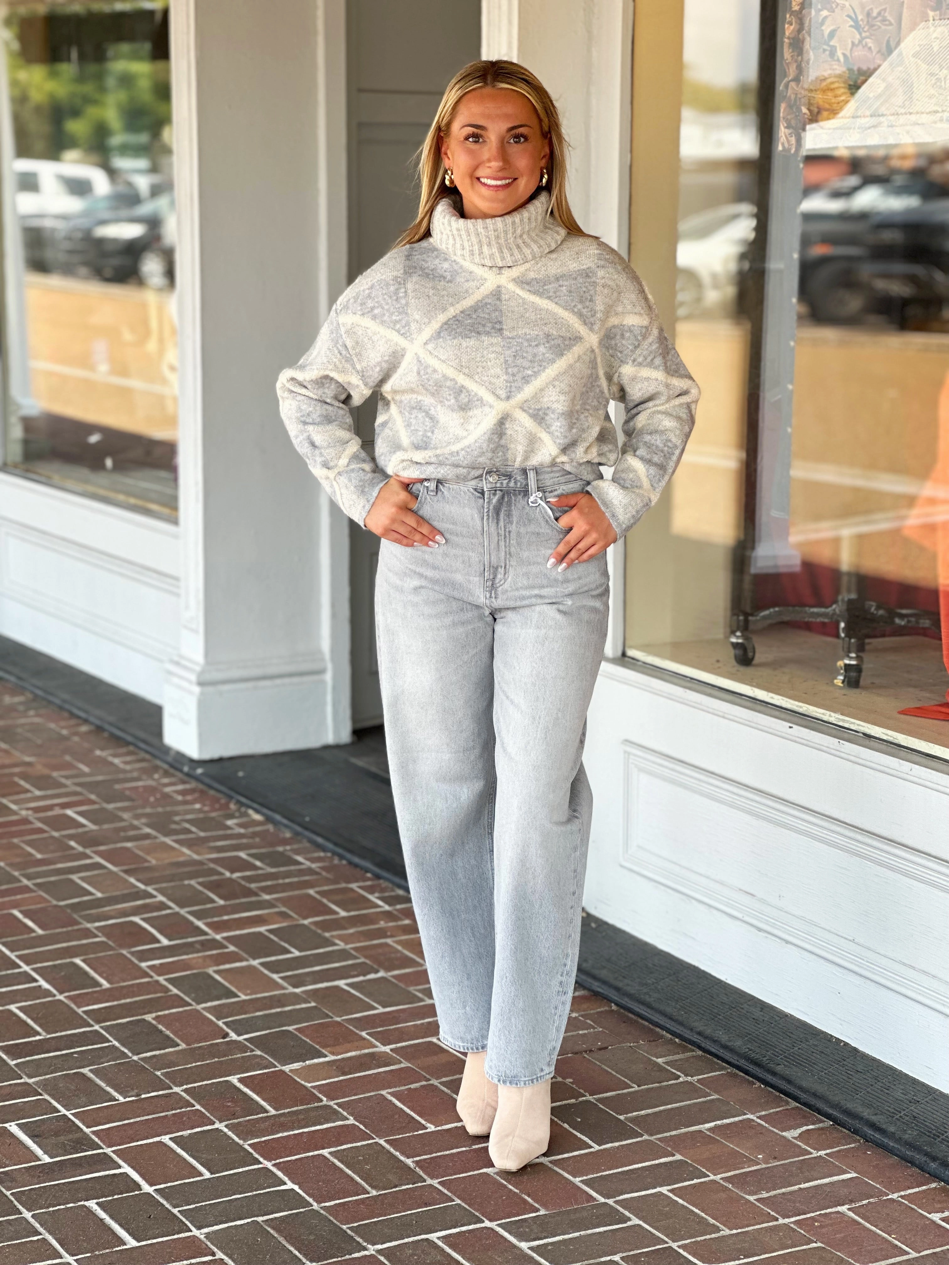 Dusty Blue Pattern Turtle Neck Sweater Sustainable Material Blend FlexibleElasticatedEdging