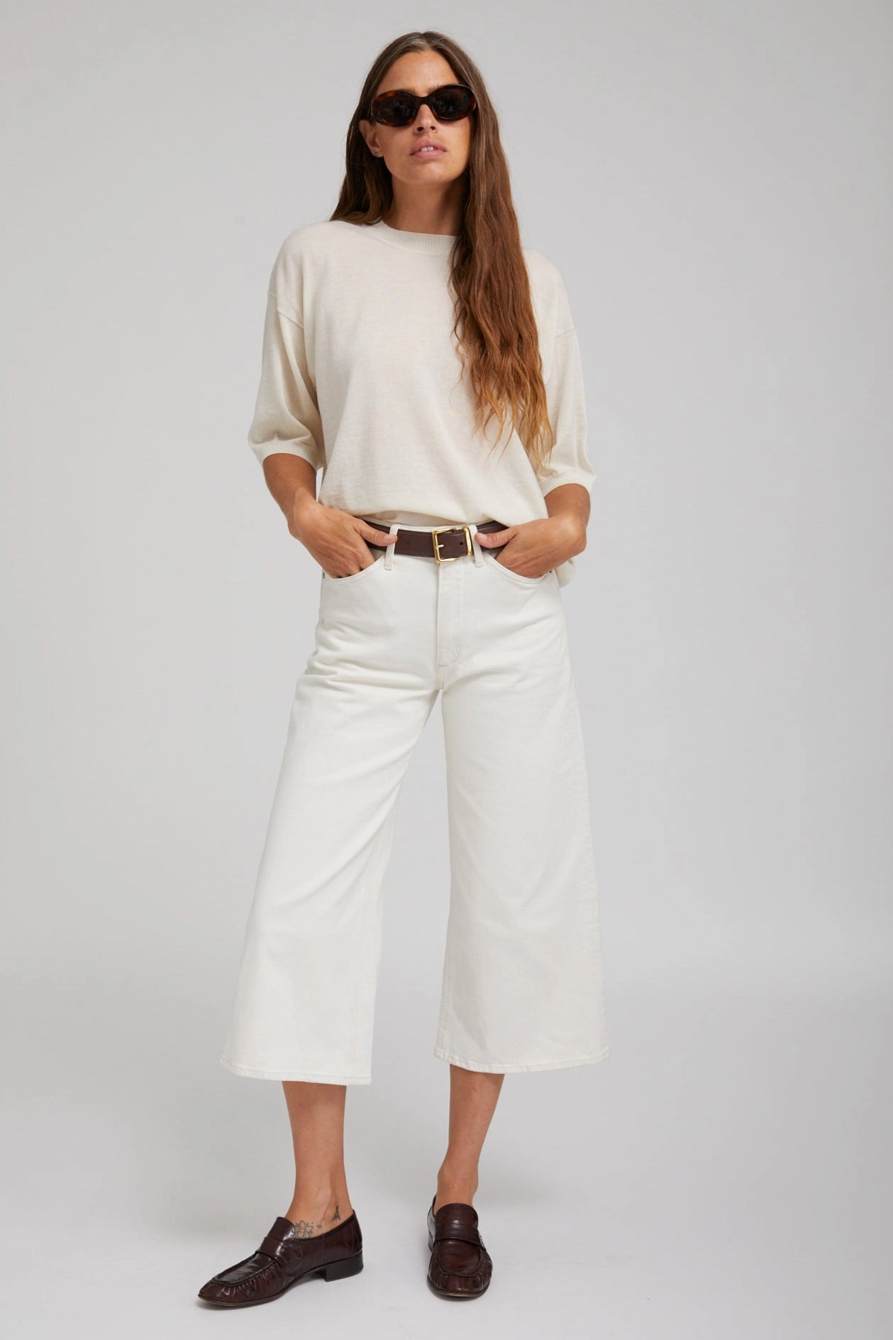Ergonomic Cut Earhart White Denim Culotte Pants
