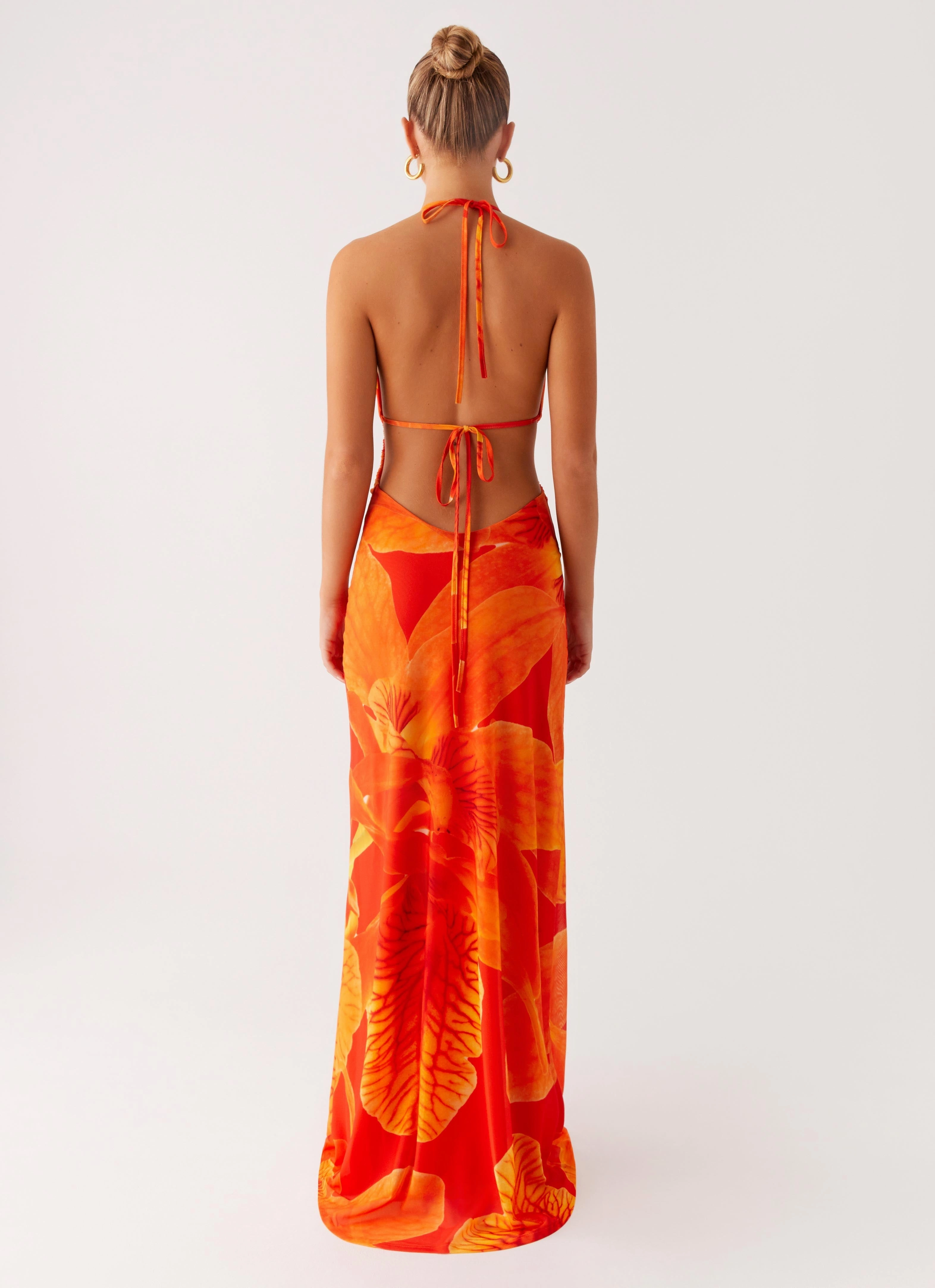 Smooth silhouette Romantic-Style Palawan Mesh Maxi Dress - Orange Floral