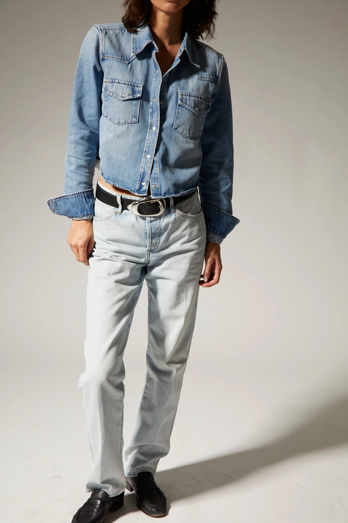 Paradis Denim Cropped Western Button Down No Ride NonBindingWaistline