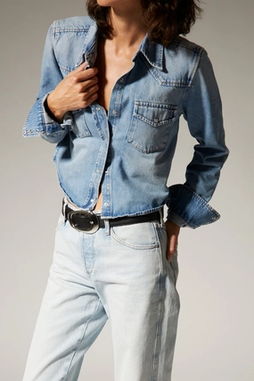 Body-Hugging Fit Paradis Denim Cropped Western Button Down