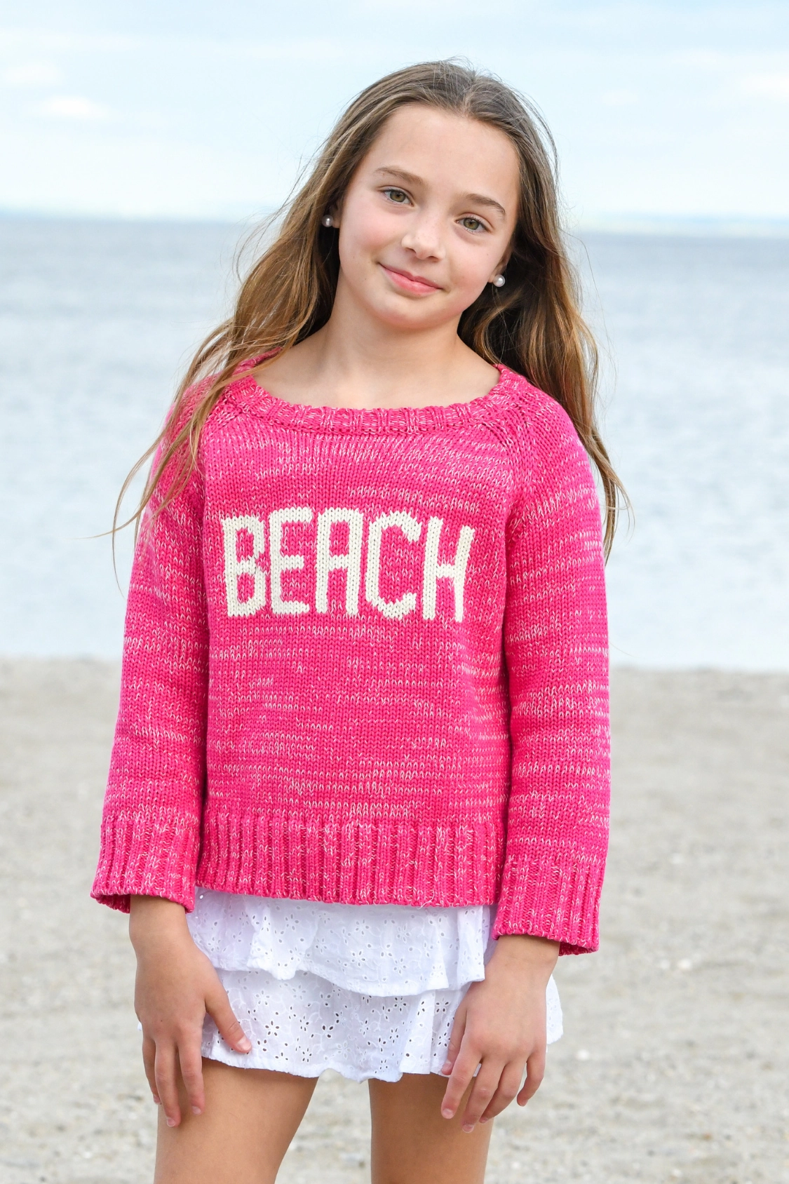 TaglessComfort Antimicrobial Treatment Girl's Beach Sweater / Pink White