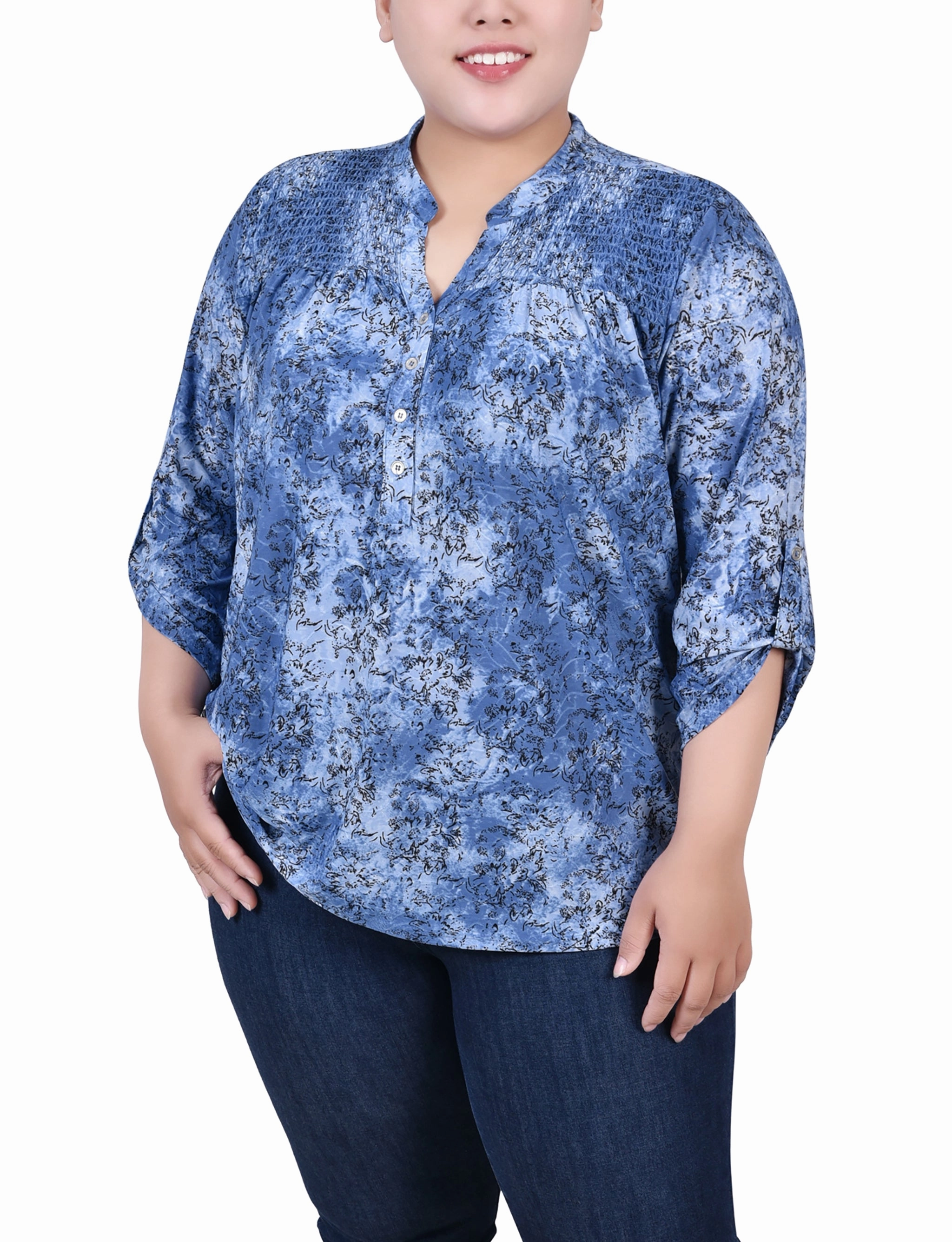 Plus Size 3/4 Roll Tab Sleeve Smocked-Yoke Top Metallic Fiber Blend TaglessDesign
