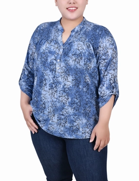 Relaxed Design Plus Size 3/4 Roll Tab Sleeve Smocked-Yoke Top