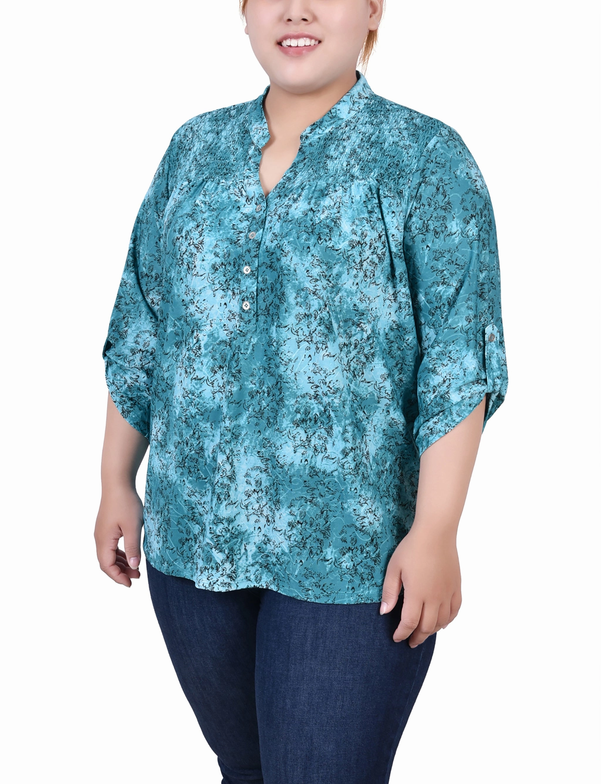 Plus Size 3/4 Roll Tab Sleeve Smocked-Yoke Top High Stretch Fabric