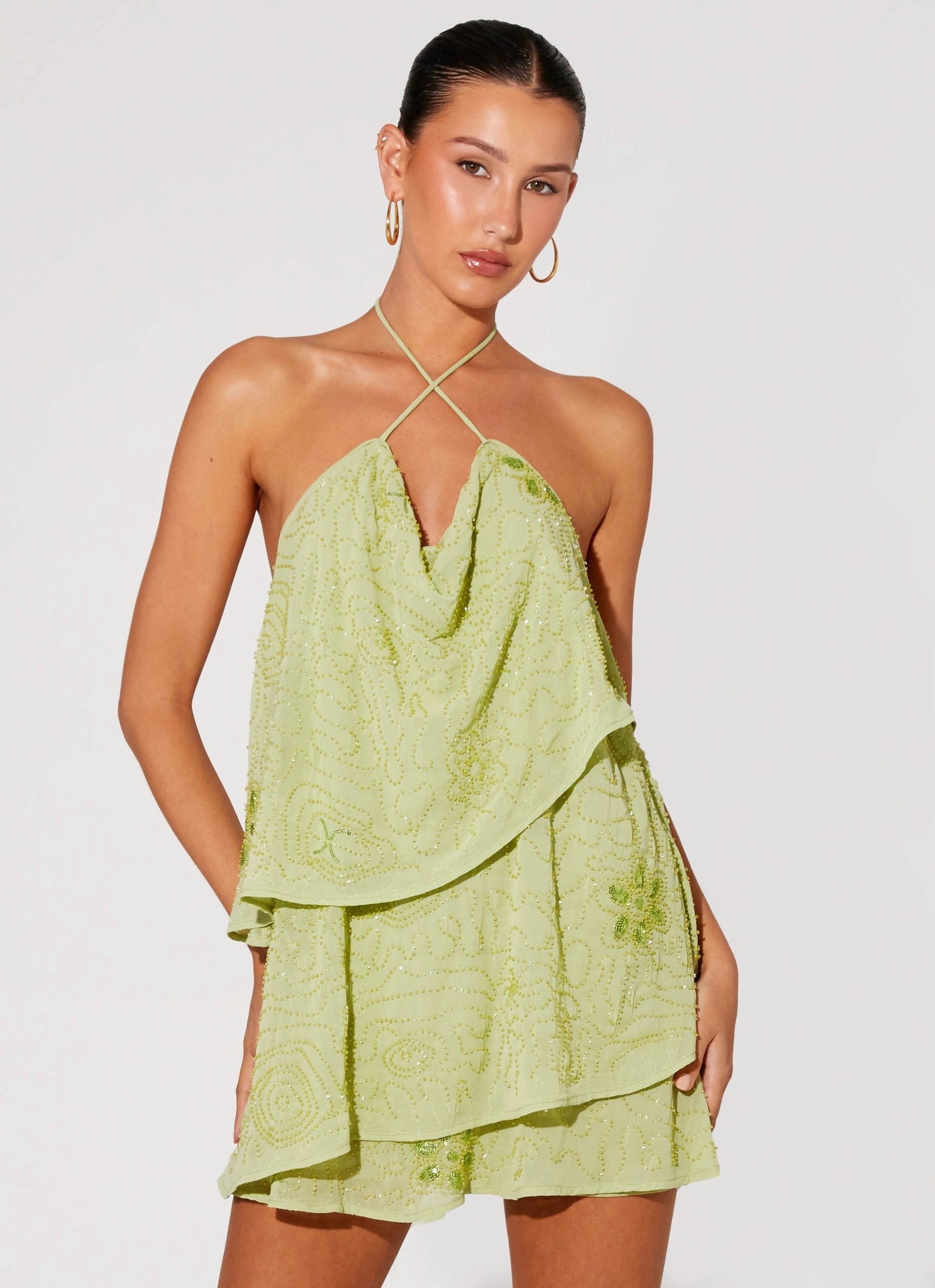 On The Go Beaded Mini Dress - Mint Feminine Structure