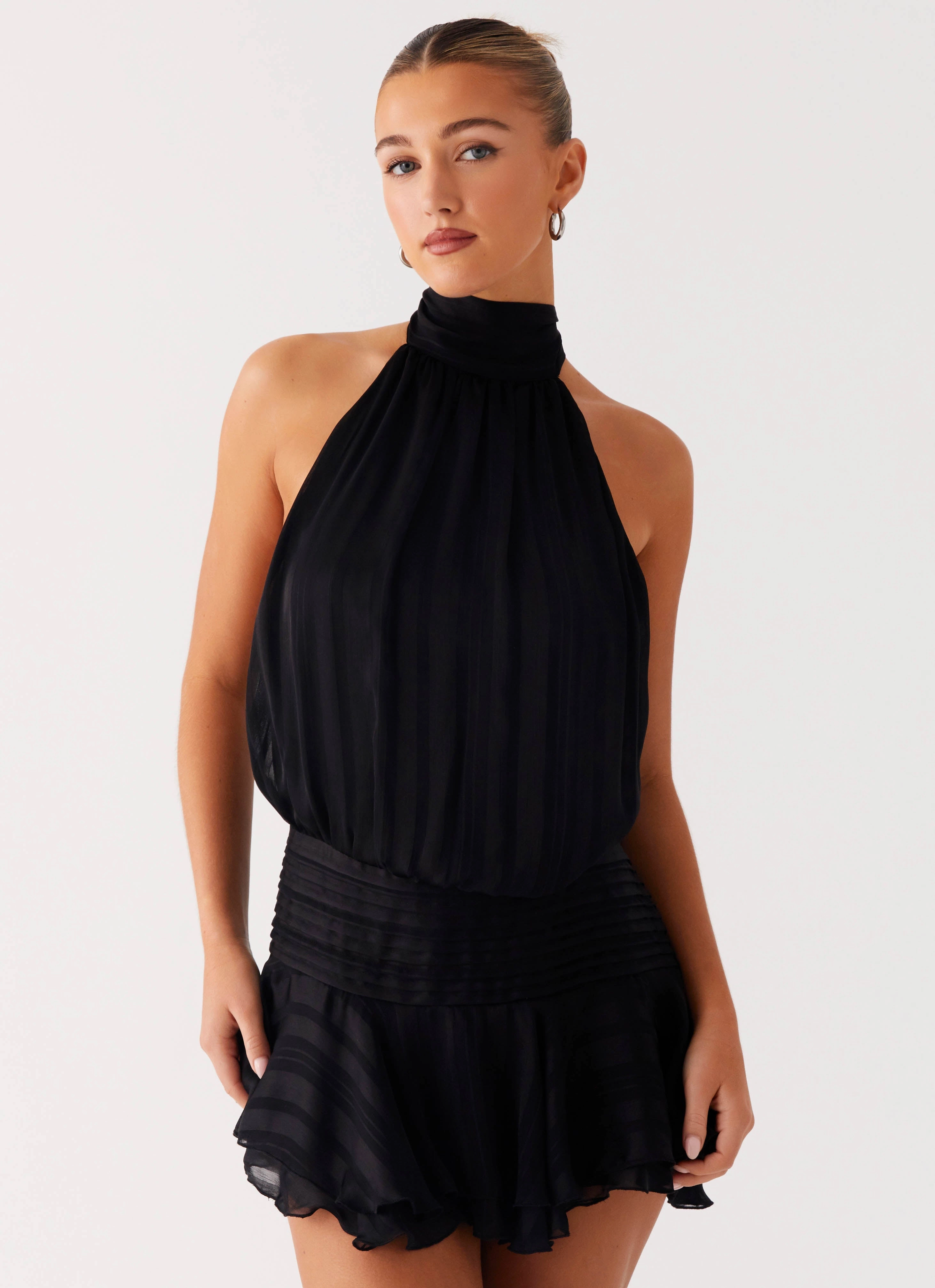 Willow Chiffon Mini Dress - Black Textured Look Timeless Energy