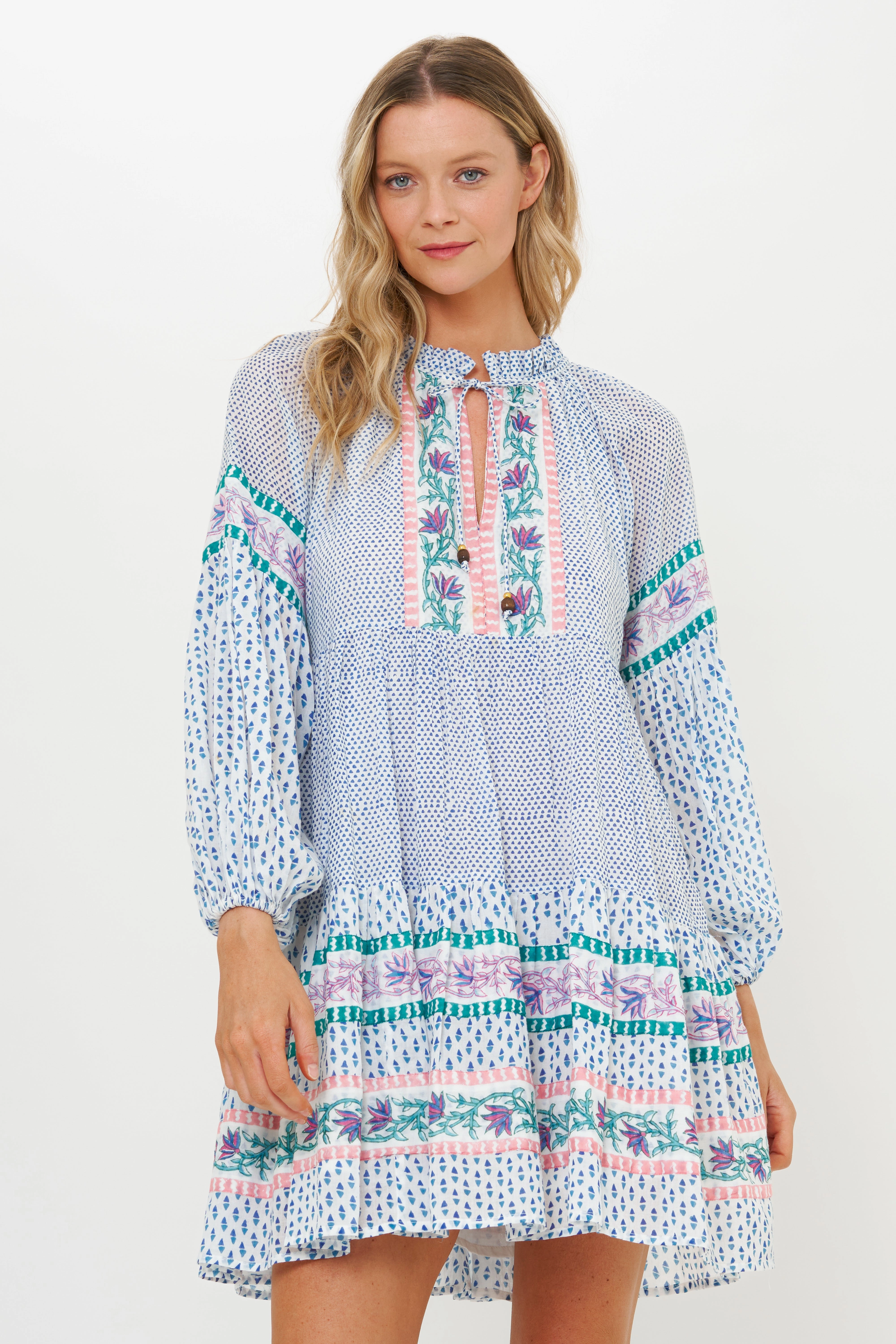 Balloon Sleeve Short Jungi Blue Dress Elegant Layer Sophisticated Waist Fit