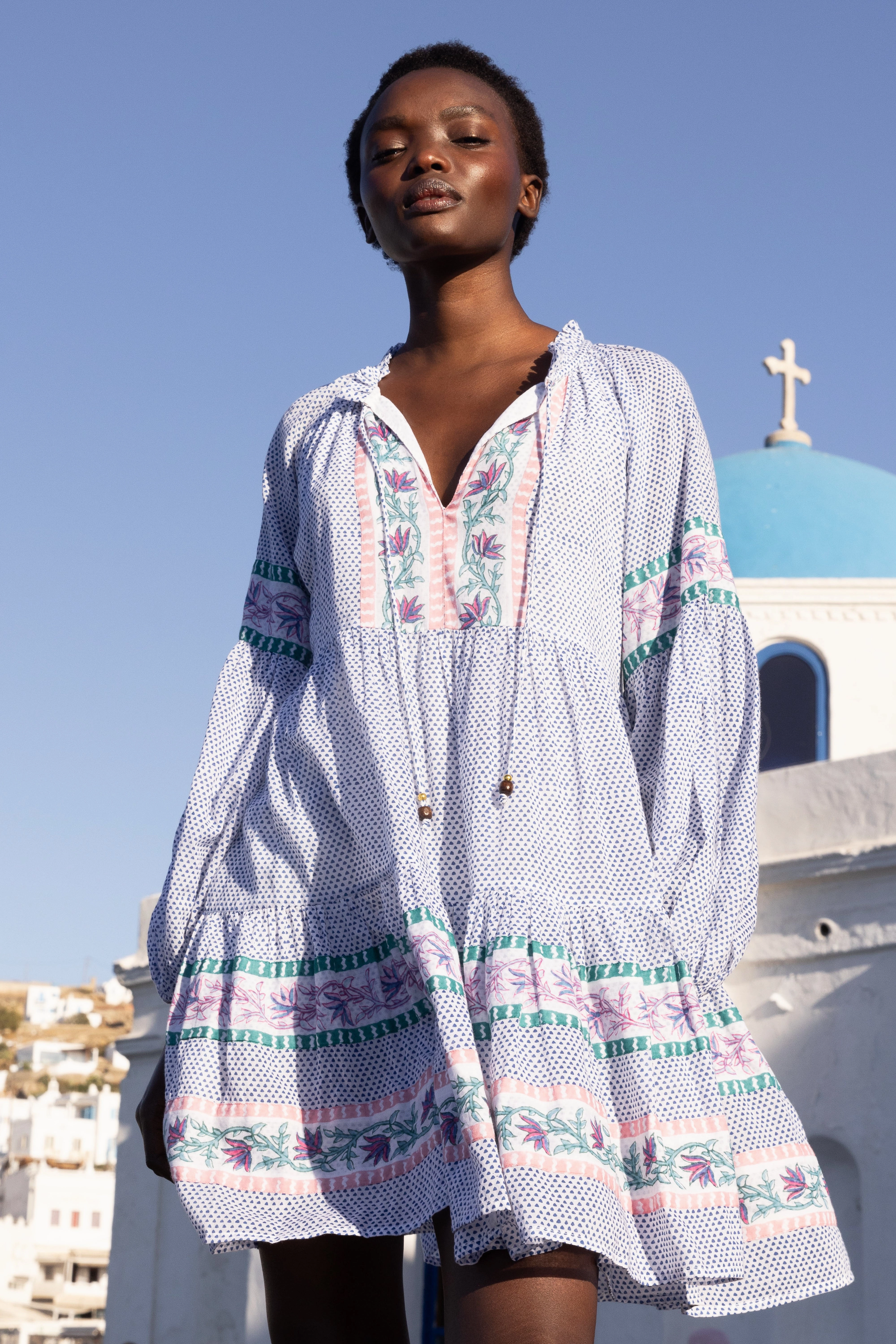 Relax Cut Balloon Sleeve Short Jungi Blue Dress
