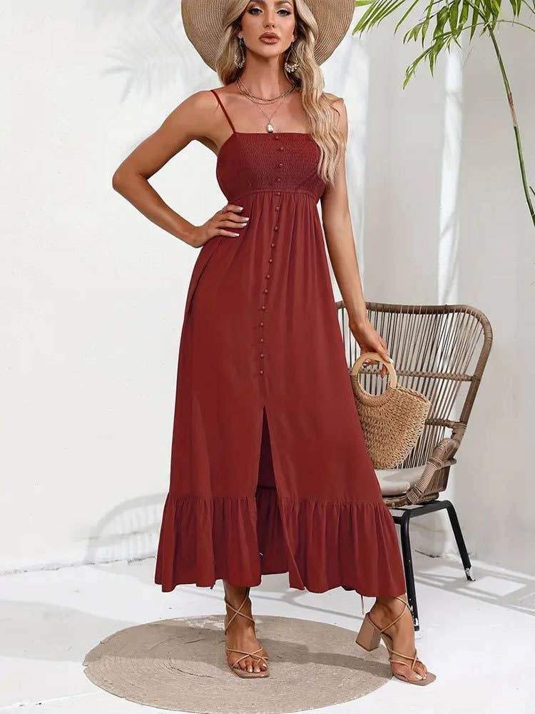 BUTTONS ADORN A SLIT HALTER DRESS_CWDMD1719 Bold Touch Smooth Vibes