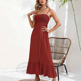 BUTTONS ADORN A SLIT HALTER DRESS_CWDMD1719 Luxe Comfort Fit Focused