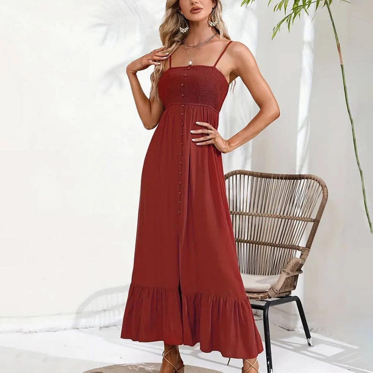 Subtle Edge BUTTONS ADORN A SLIT HALTER DRESS_CWDMD1719