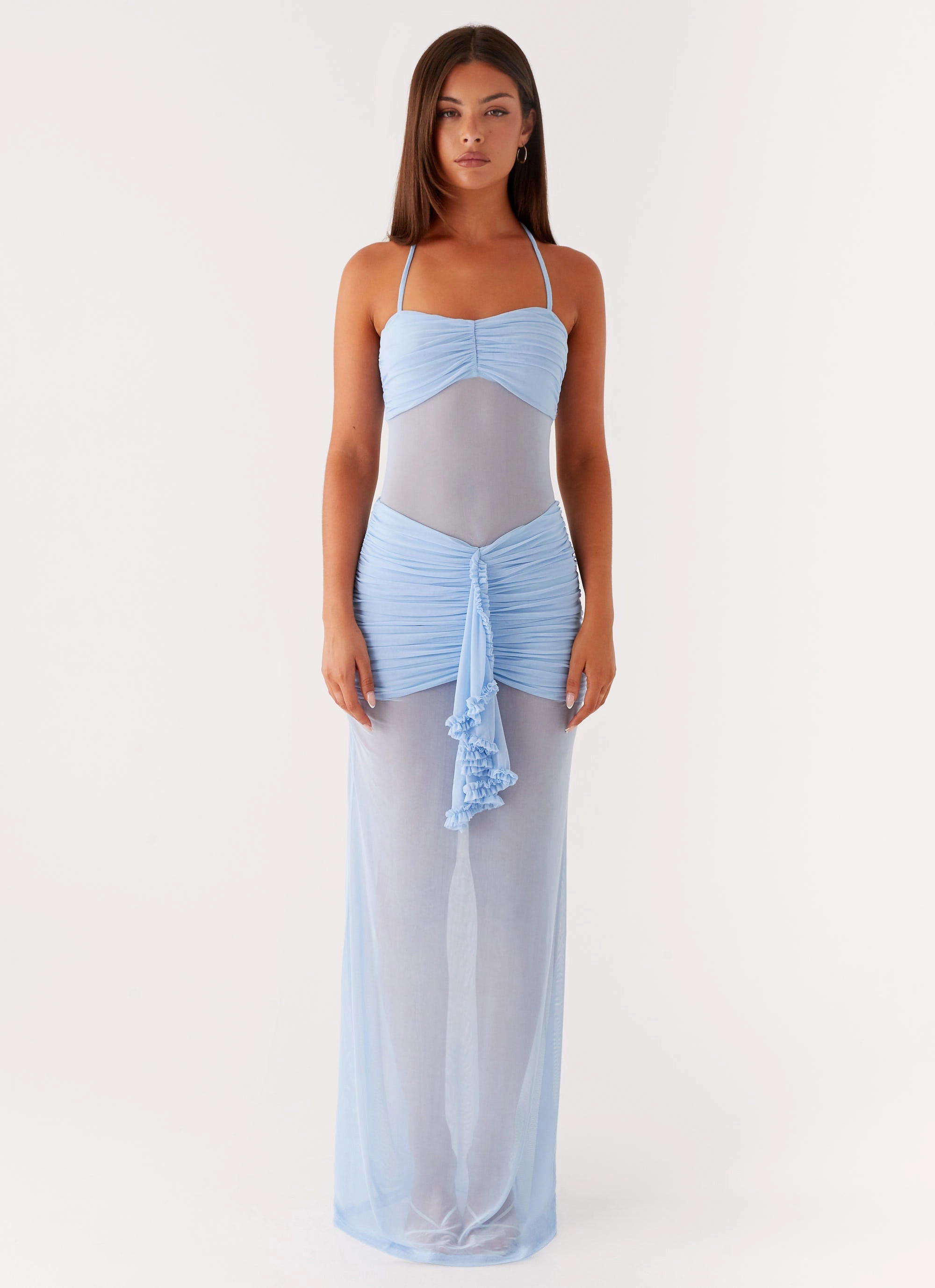 Warm Pink Lily Halter Maxi Dress - Blue