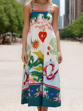 Wonderland Fairy Print Swing Dress ??Whimsical Strappy Midi Embroidered Fabric