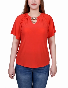 Petite Raglan Sleeve Top With Chain Details Layered Neckline SubtleTexture