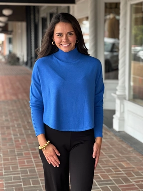 Durable Hem Stitching Reinforced Shoulder Blue Button Sleeve Knit Sweater