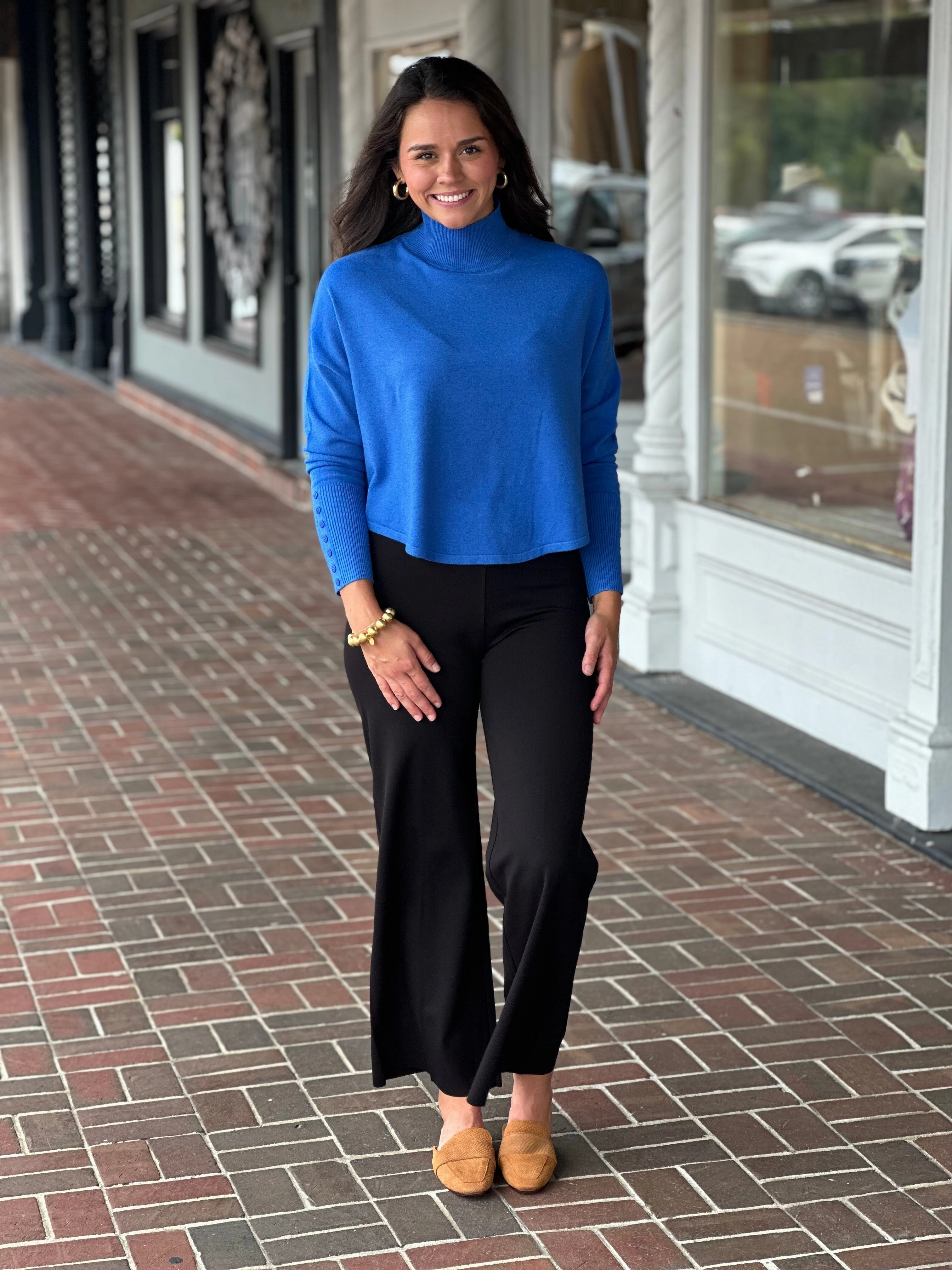 Blue Button Sleeve Knit Sweater DoubleStitchedHem Recycled Polyester Blend