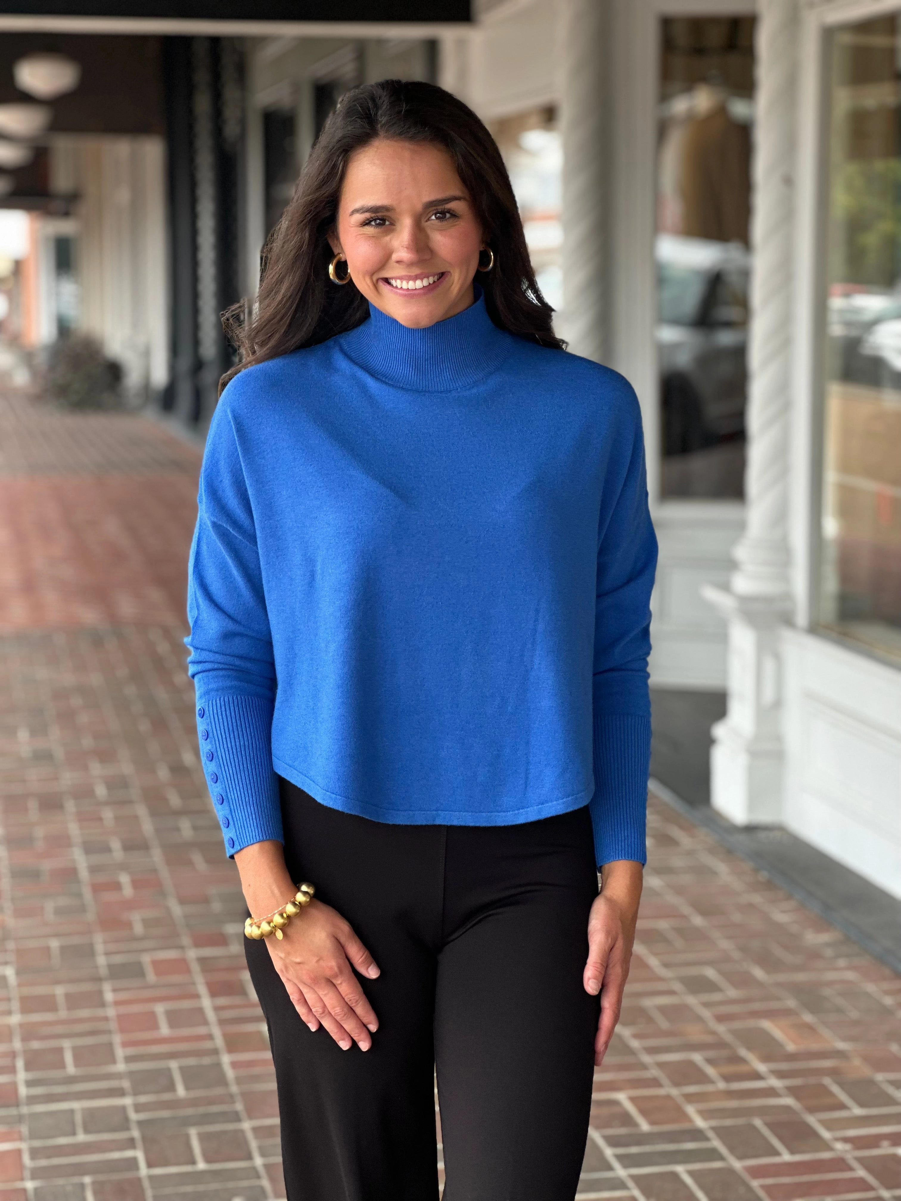 Durable Hem Stitching Reinforced Shoulder Blue Button Sleeve Knit Sweater