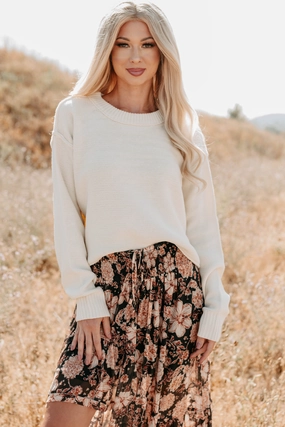 Reflective Accent Trim Easy As Pie Cropped Oversized Knit Sweater (Cream)