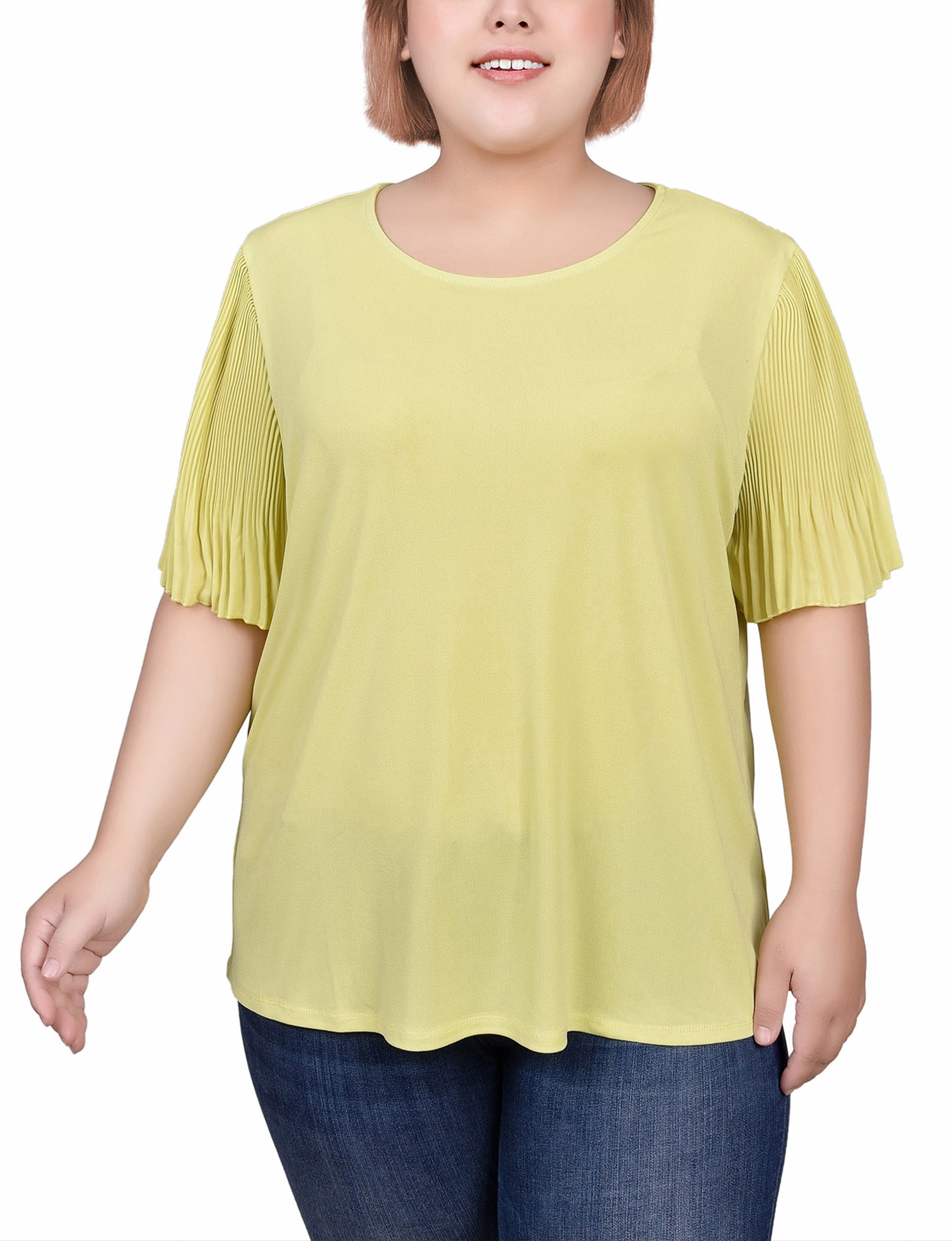 MeshPanelIntegration Plus Size Pleated-Sleeve Top