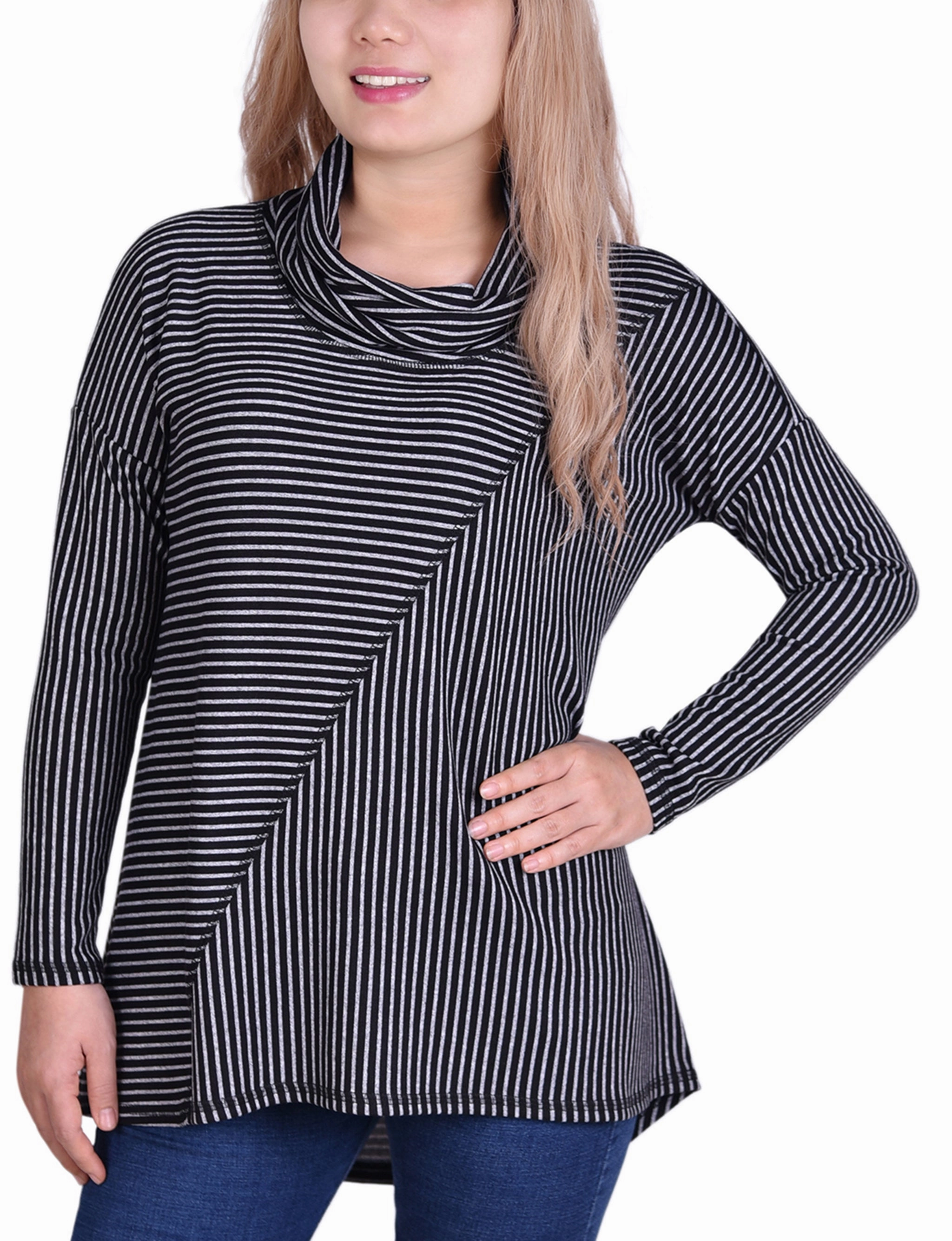 QuickRelease Long Sleeve Mini Striped Seamed Cowl Neck Top