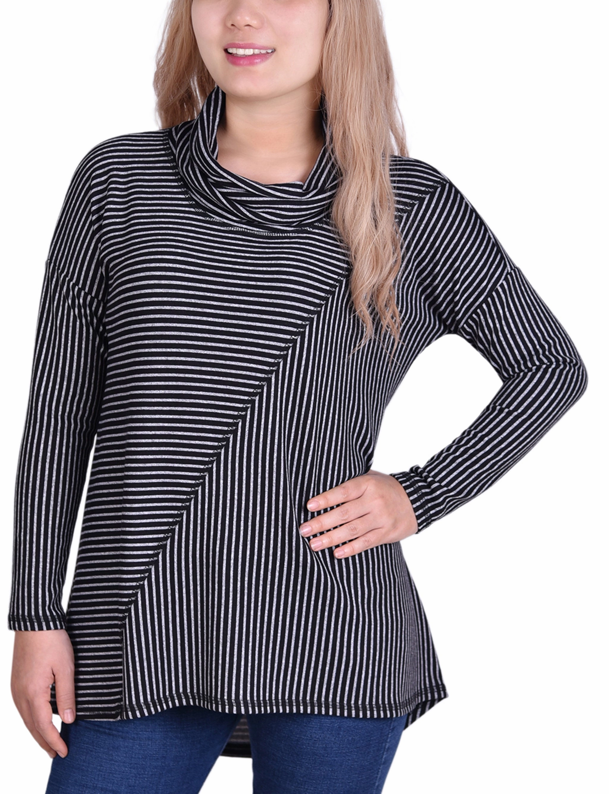 Long Sleeve Mini Striped Seamed Cowl Neck Top WideNeckOpening Layered Hem Reinforcement