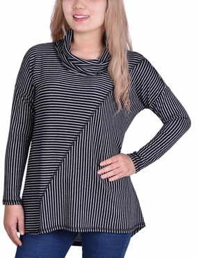 SubtleTexture Long Sleeve Mini Striped Seamed Cowl Neck Top