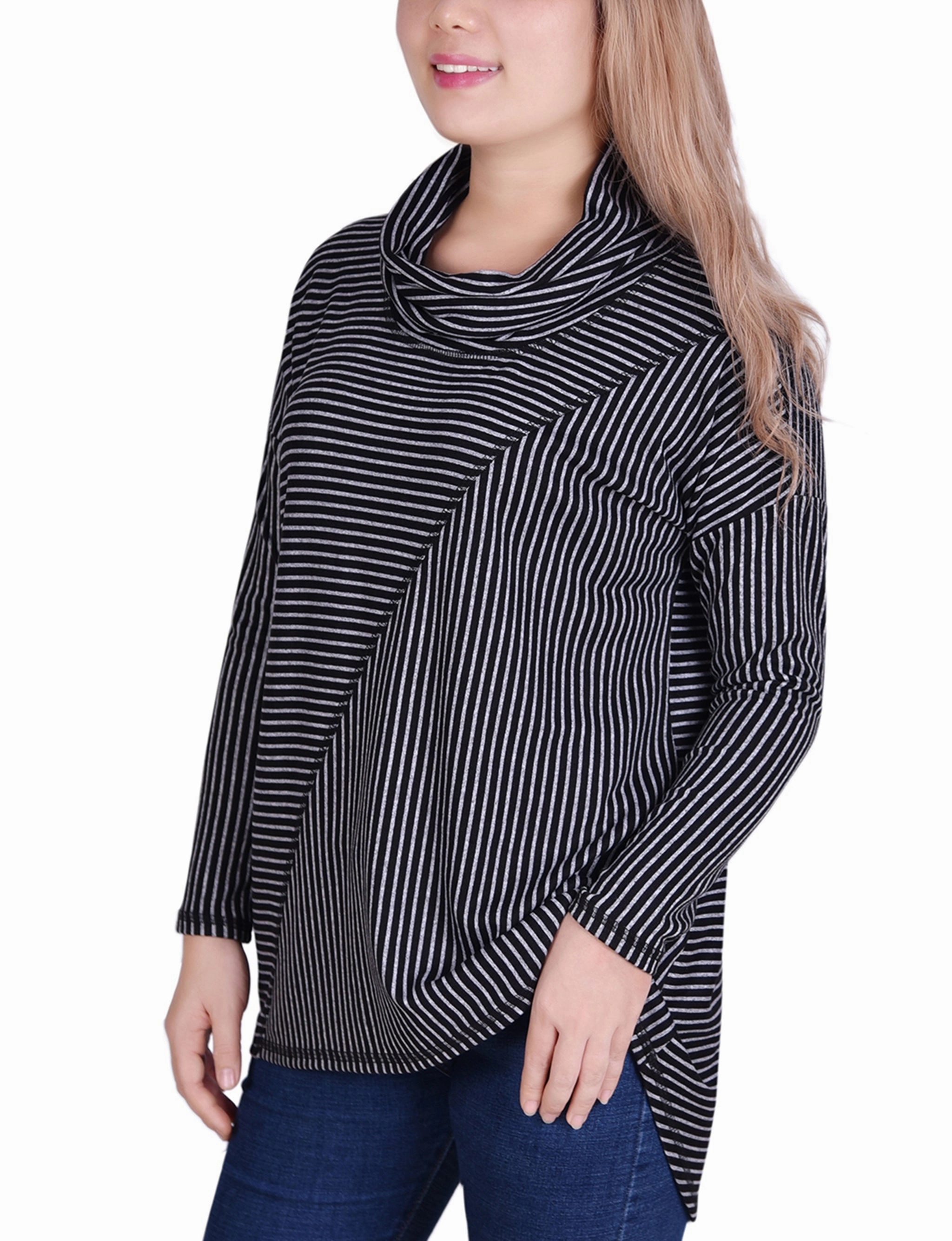 Long Sleeve Mini Striped Seamed Cowl Neck Top DurableZipper QuickDryTechnology