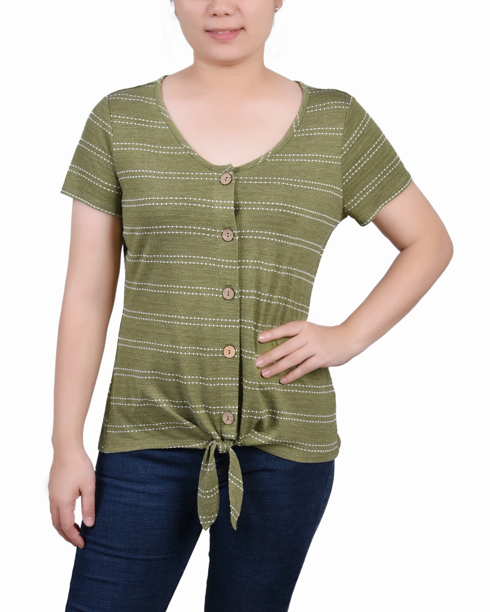 Soft touch finish Reflective Trim Details Short Sleeve Tie Front Top