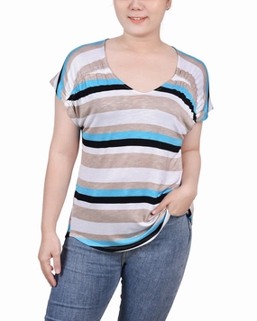 NonSlip Grip Tape Eco Friendly Dye Process Petite Short Sleeve Striped V Neck Top