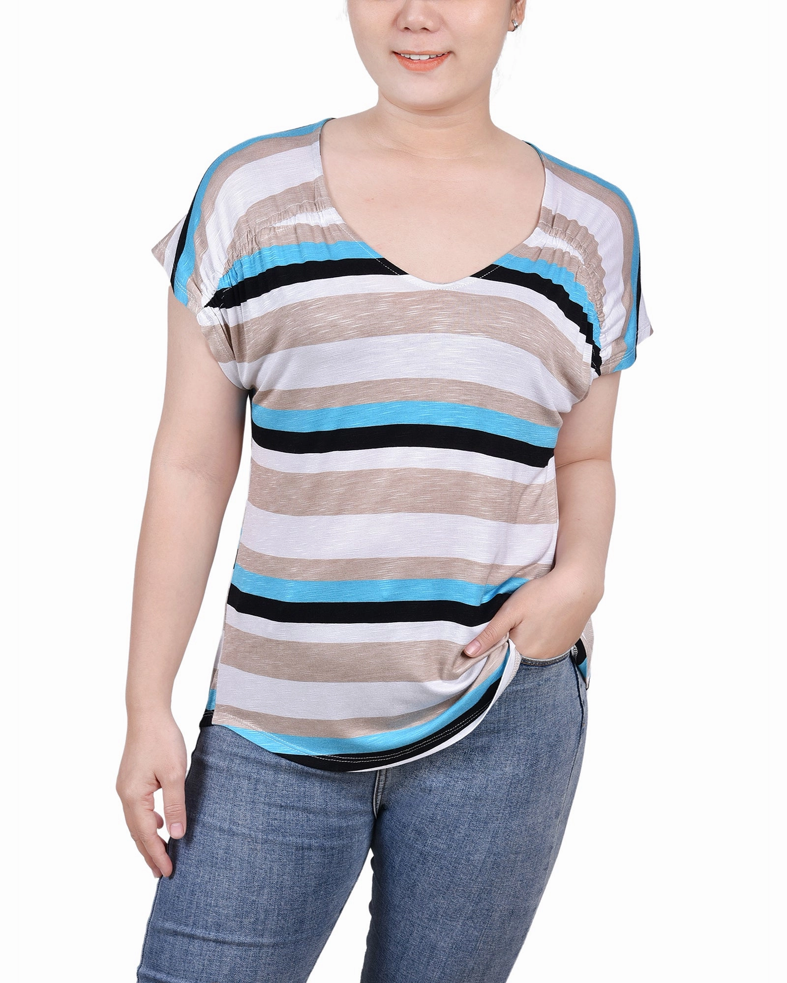 Petite Short Sleeve Striped V Neck Top YarnDyedQuality Adjustable Cuff System