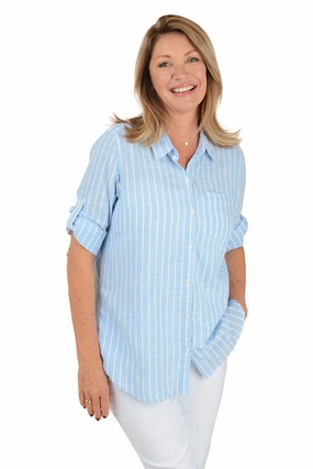 Hypoallergenic Textile Chambray Striped Cotton Roll Sleeve Shirt
