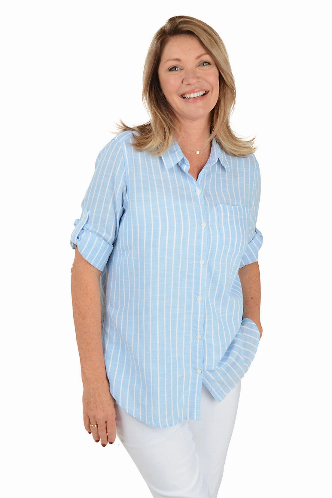 Chambray Striped Cotton Roll Sleeve Shirt NonChafeCollarTech Cozy Fit