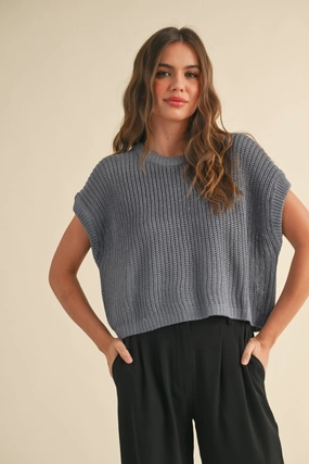 Wicking Inner Lining TaglessCollars Maggie Cap Sleeve Sweater in Denim Blue