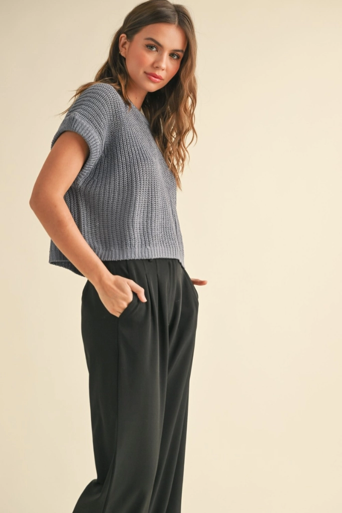 Recycled Polyester Fabric Maggie Cap Sleeve Sweater in Denim Blue
