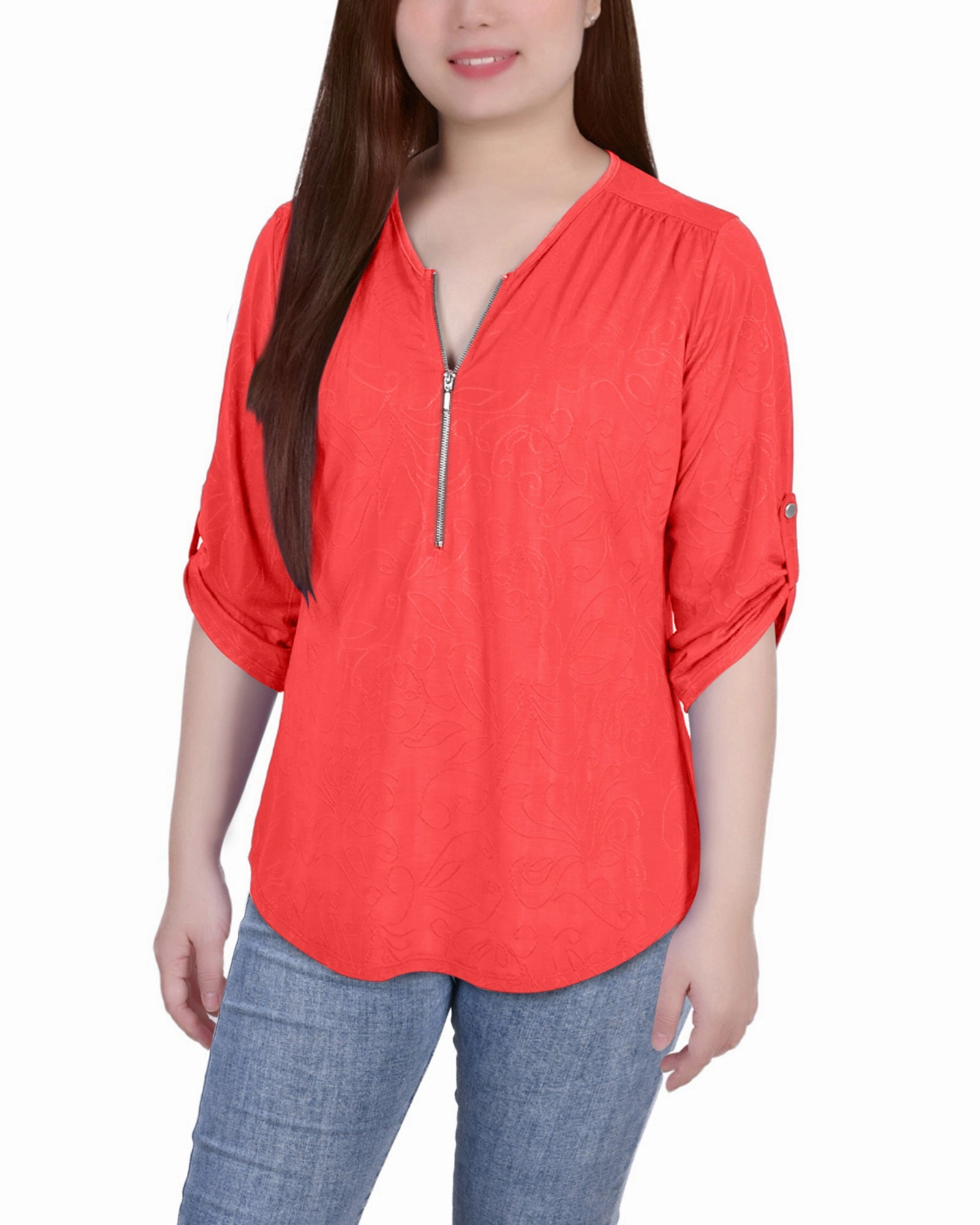 QuickDry Performance MultiPanel Design Petite 3/4 Roll Tab Zip Front Jacquard Knit Top