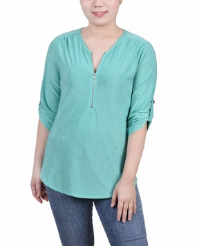 LayeredDurability Petite 3/4 Roll Tab Zip Front Jacquard Knit Top