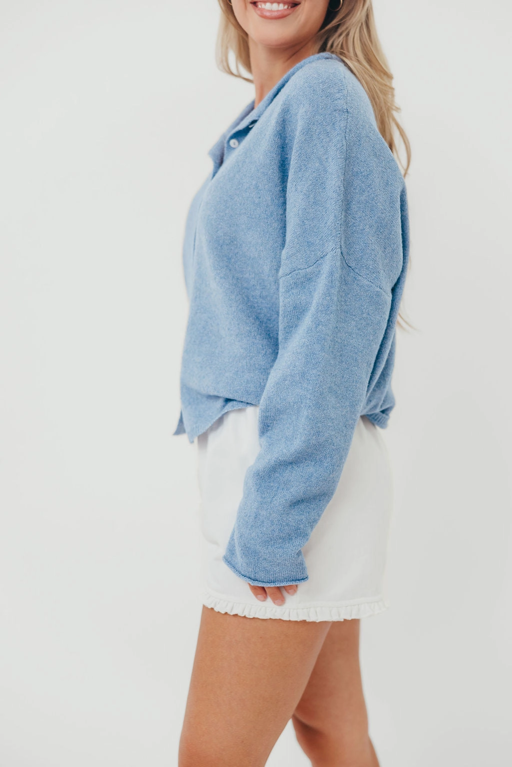 Tagless Comfort Light Deflection Fabric Piper Cardigan in Dusty Blue