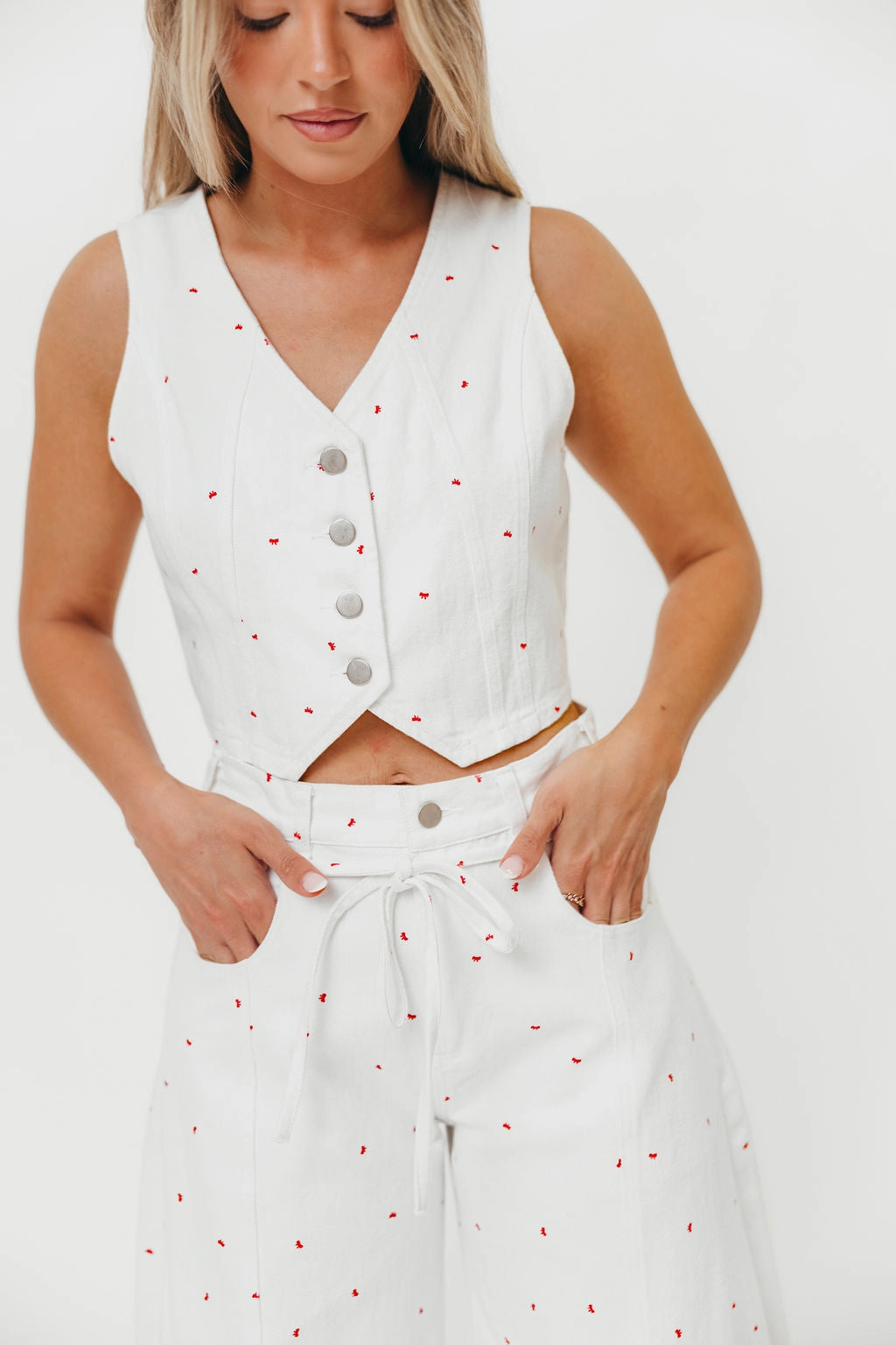 Dolly 100% Cotton Mini Bow Print Twill Vest in Off-White *Final-Sale* Adjustable drawstring Hybrid Fabric Blend