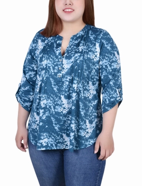 Flexible Neckline Plus Size Knit Jacquard 3/4 Sleeve Roll Tab Top