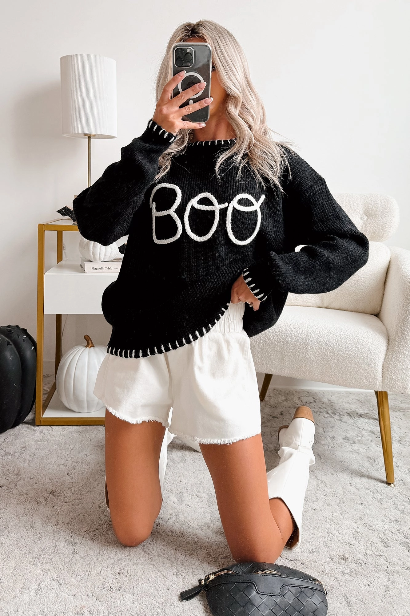MinimalistAesthetic "BOO" Braided Text Halloween Sweater (Black)
