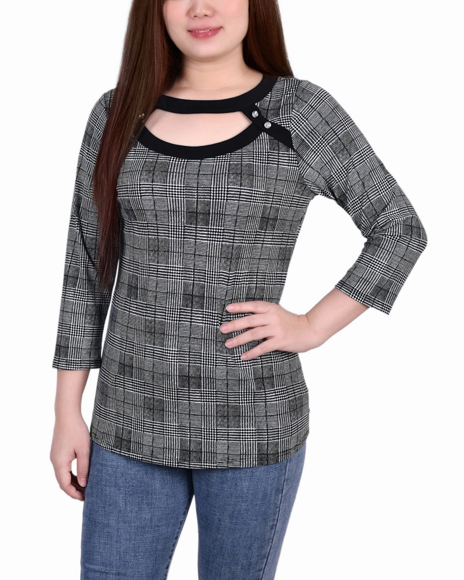 3/4 Sleeve Top With Combo Bands And Front Cutout Casual Sweater
