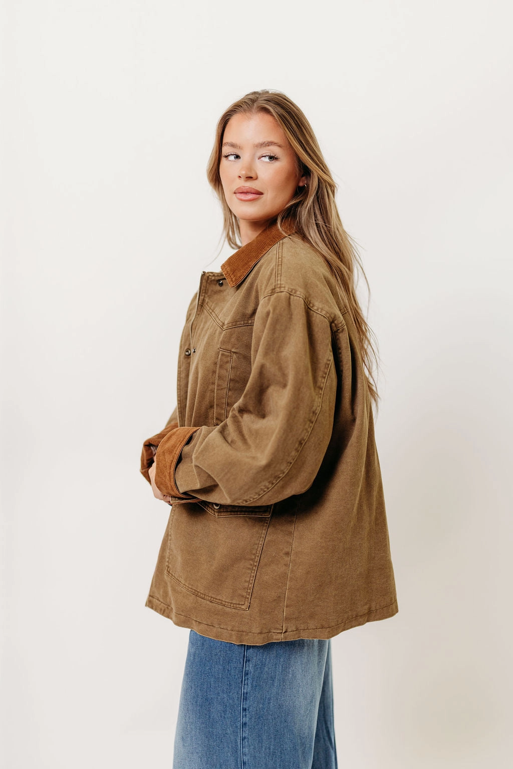 MidweightKnit Sable 100% Cotton Field Collared Jacket in Olive Brown