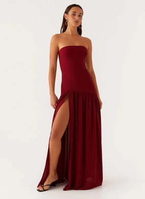 Elegant formal outfit Button Accent Eden Strapless Maxi Dress - Maroon