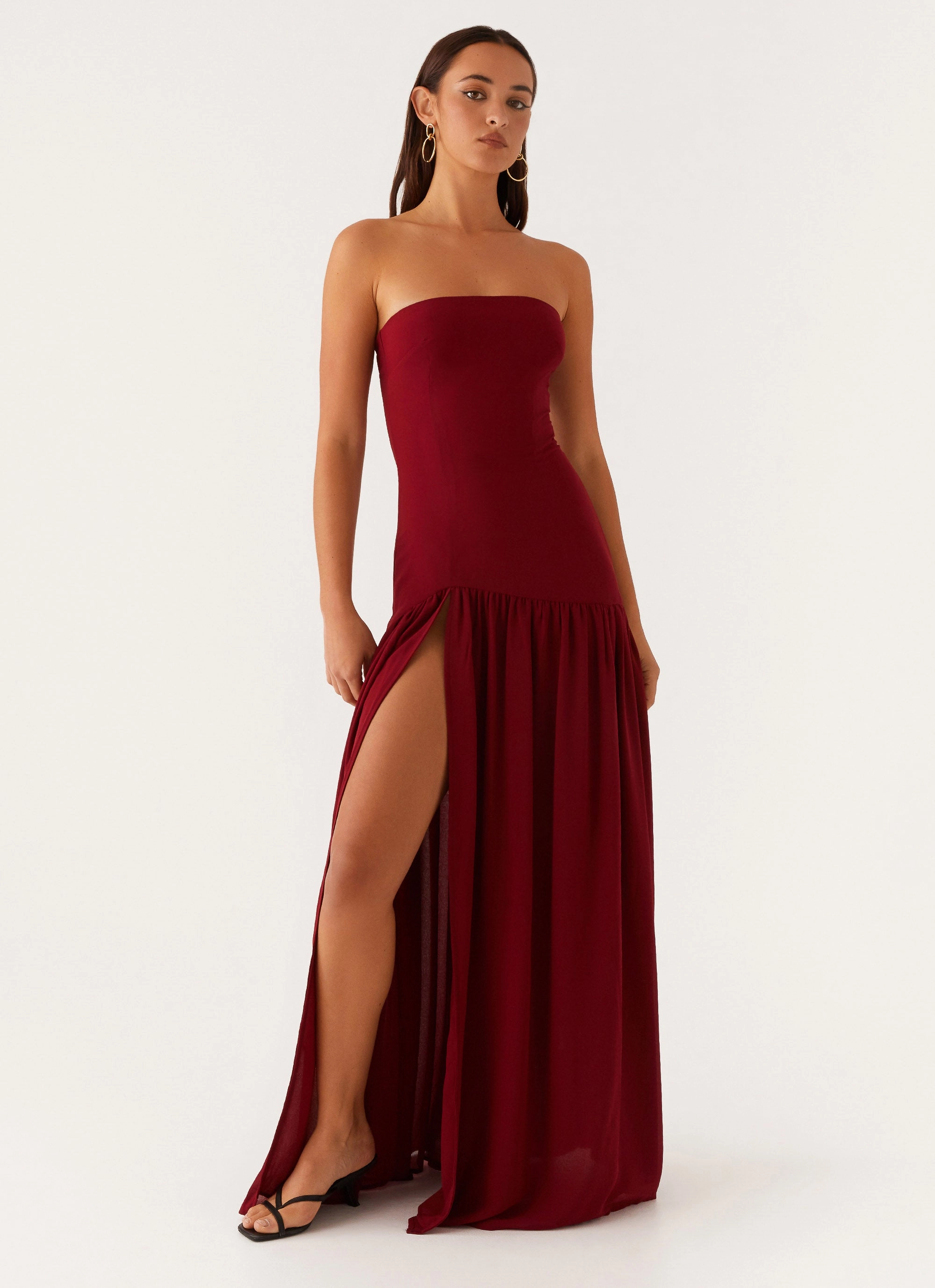 Elegant formal outfit Button Accent Eden Strapless Maxi Dress - Maroon