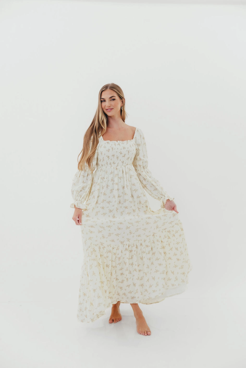 Emerson Smocked Maxi Dress in Blush Floral Crisp Finish Chic Tailoring Waist