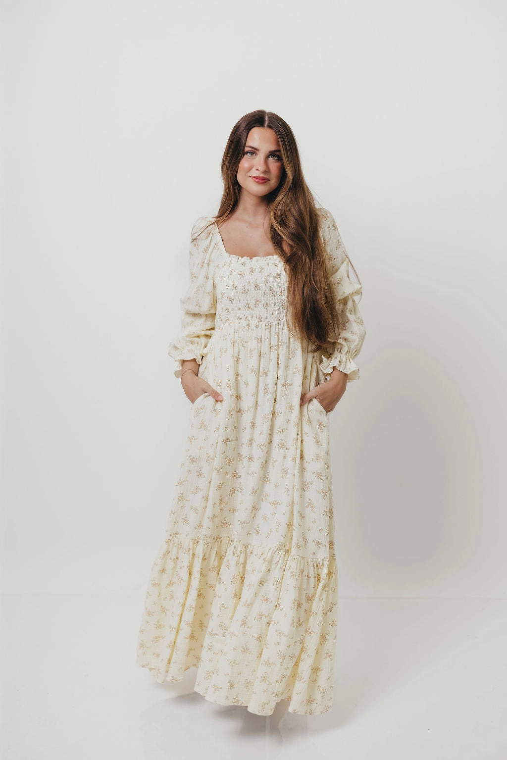 Emerson Smocked Maxi Dress in Blush Floral All-season garment Chic and Flattering