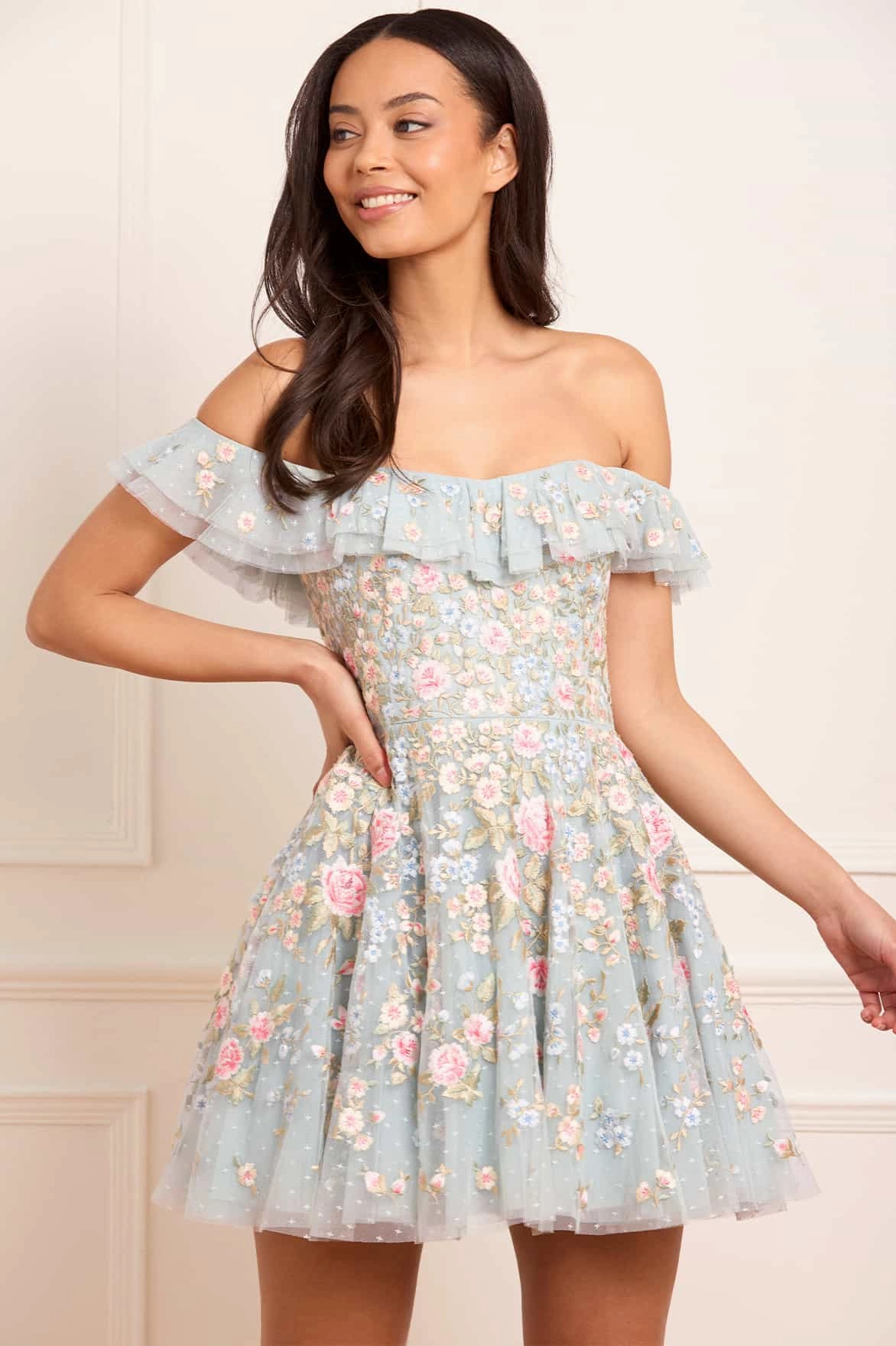 Antoinettes Floral Off-Shoulder Micro Mini Dress Clean Outfit Fall Flow