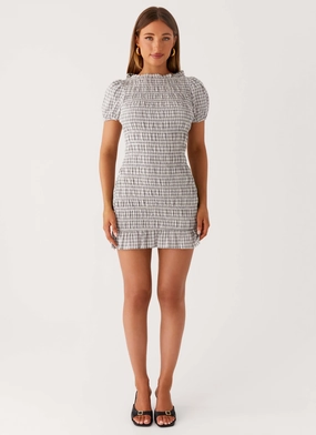Millicent Ruched Mini Dress - Grey Check Waist-Cinching