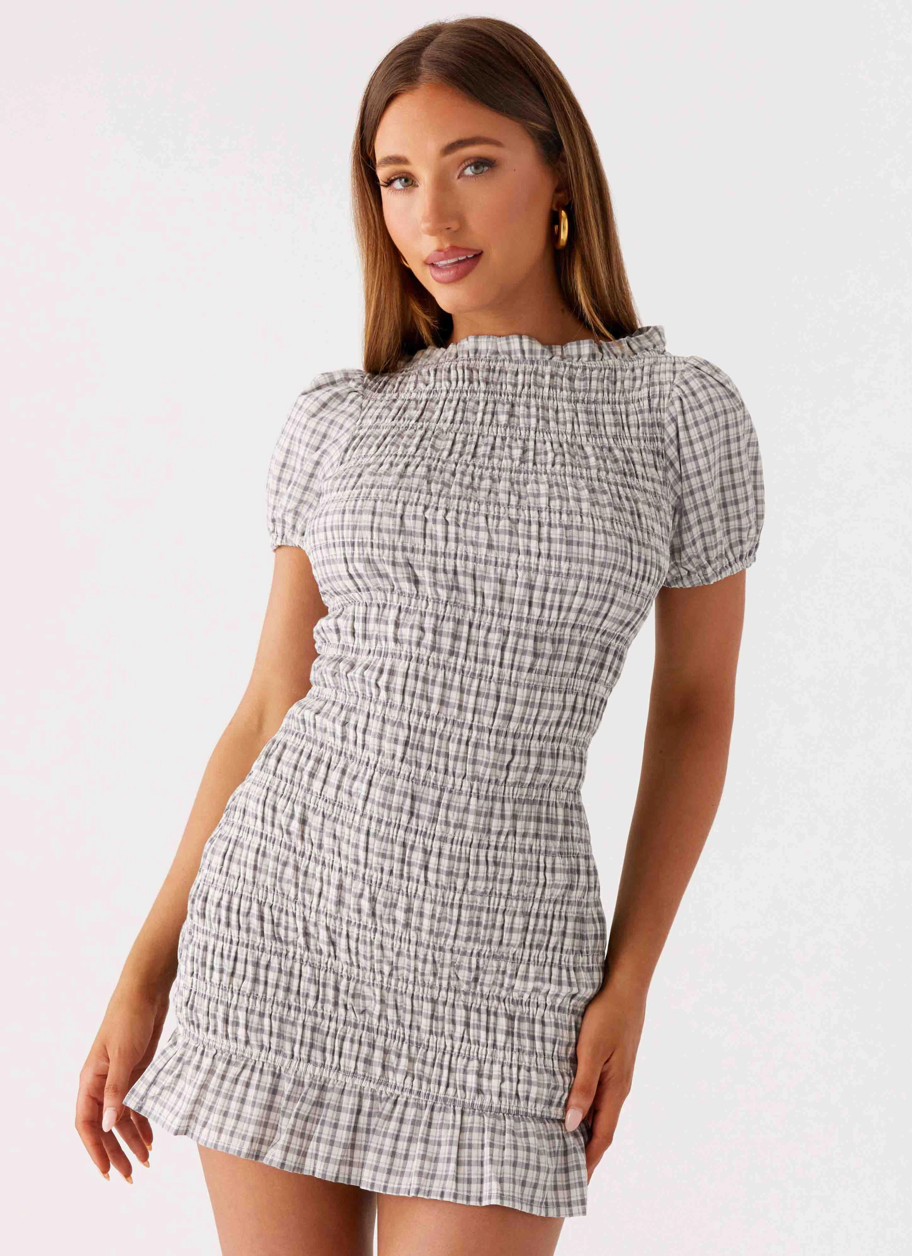 summer breeze Millicent Ruched Mini Dress - Grey Check